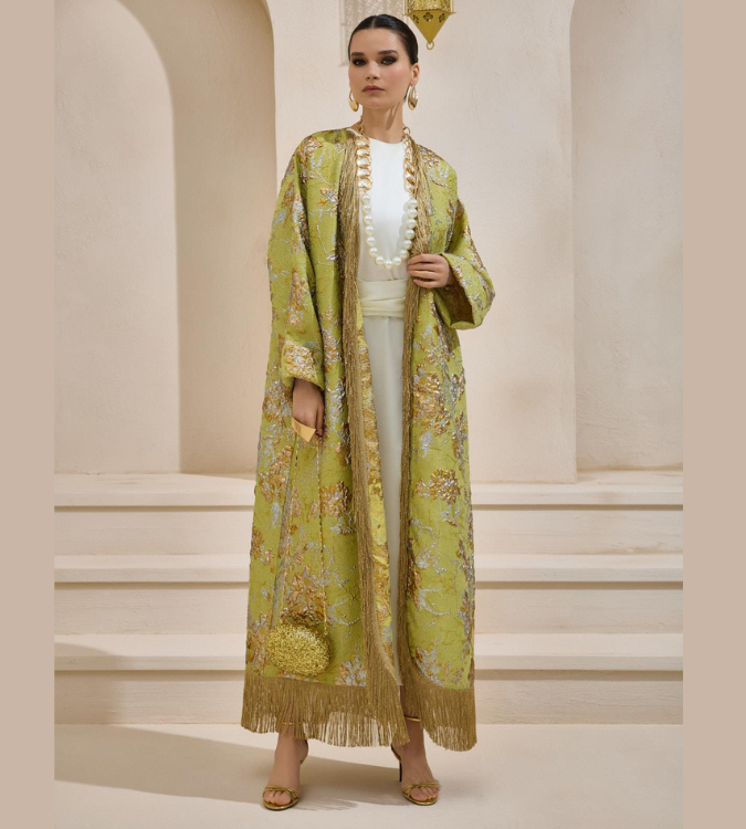 Light green Ramadan abaya with luxurious brocade design