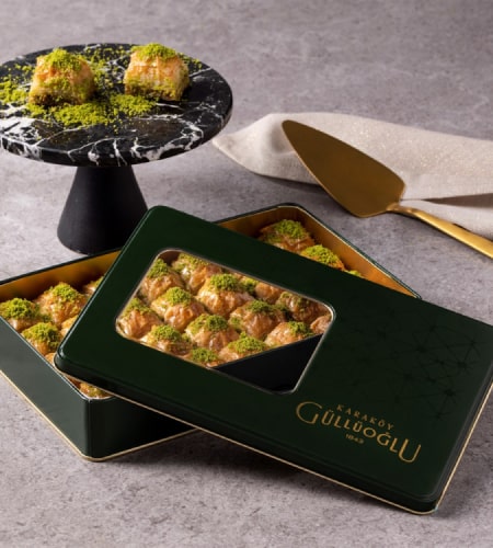 Dried Baklava with Pistachio in Metal Box 900g from Karakoy Guluoglu