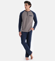 Men's long-sleeved pajama set with raglan sleeve detail in grey and navy