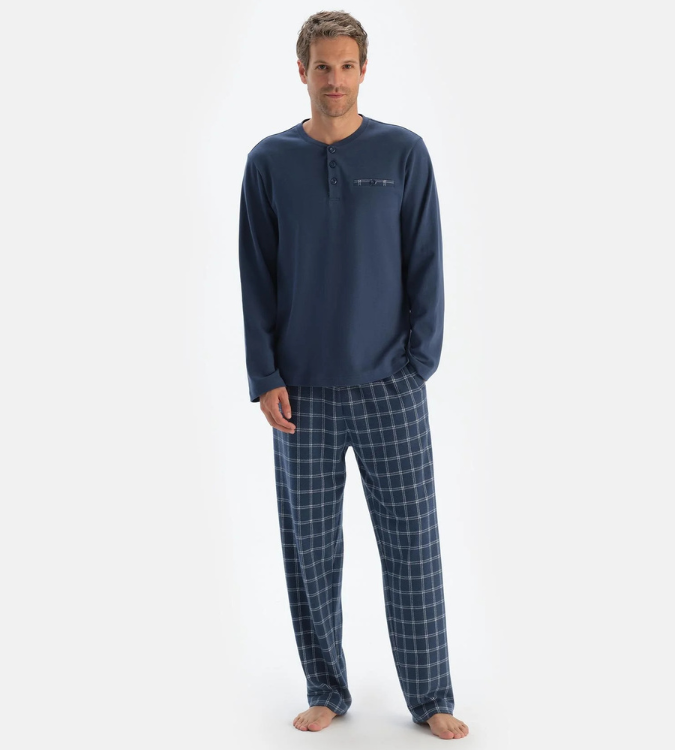 Men's Long Sleeve Pajama Set with Checked Pants in Navy Blue