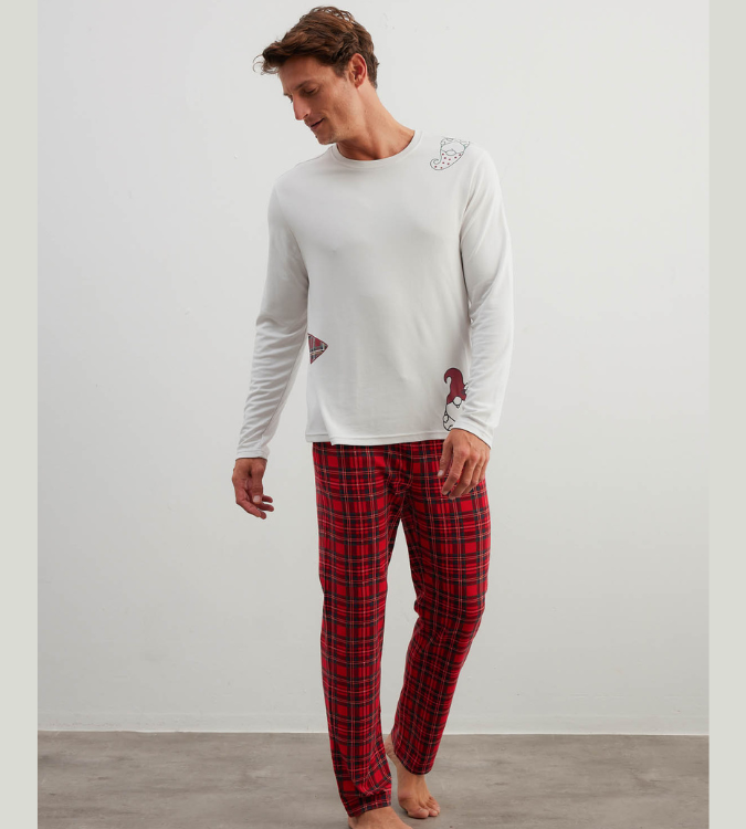 Men's cotton pajama set with long sleeves and a distinctive pattern