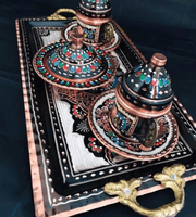 طقم فناجين قهوة تركية مصنوعة يدويًا من النحاس لشخصين