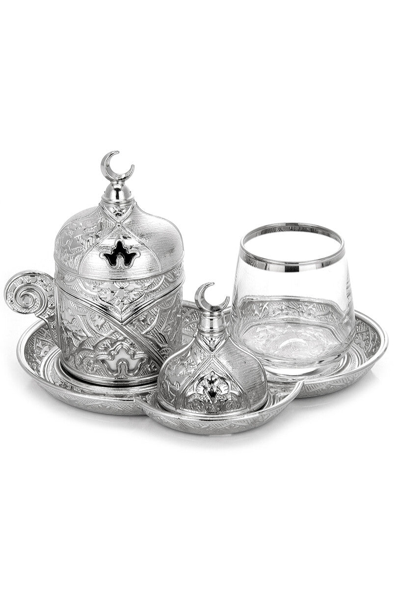 A set of Turkish coffee cups for one person, with a water cup and a serving tray