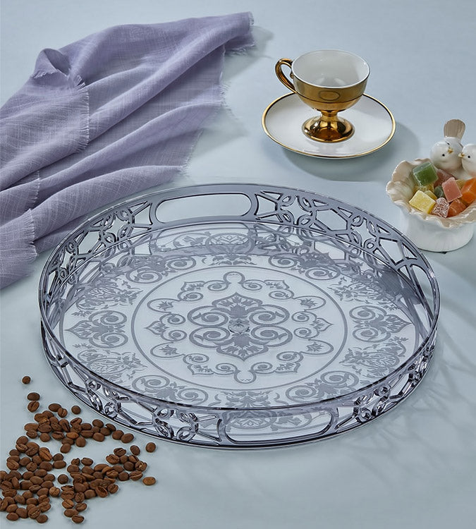 Silver circular coffee serving tray