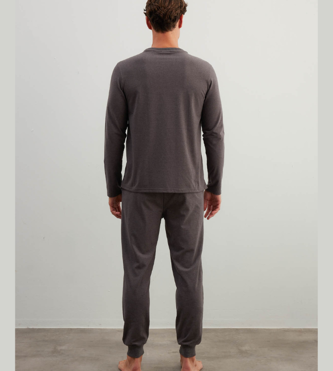 Men's Long Sleeve Cotton Pajama Set in Melange Brown