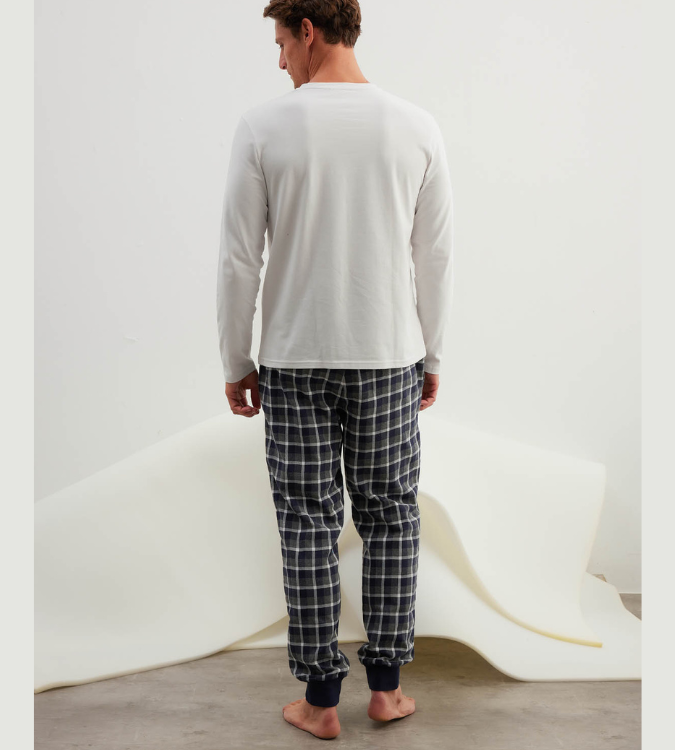 Men's Long Sleeve Cotton Pajama Set with Plaid Pants