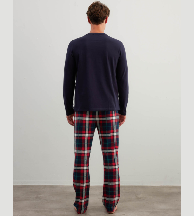 Men's Long Sleeve Cotton Pajama Set with Plaid Pants