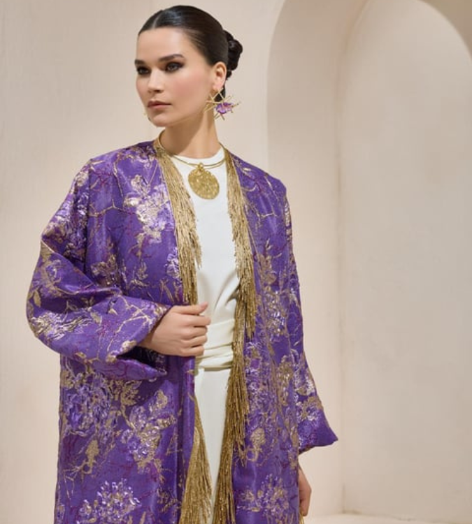 Luxury designed purple brocade abaya with belt