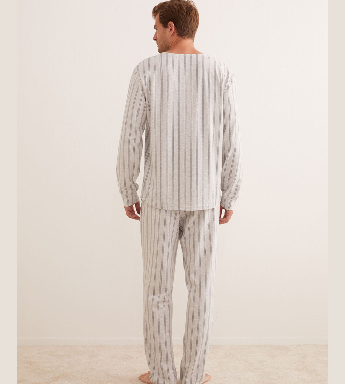 Men's Cotton Button-Down Pajama Set with Grey Stripes