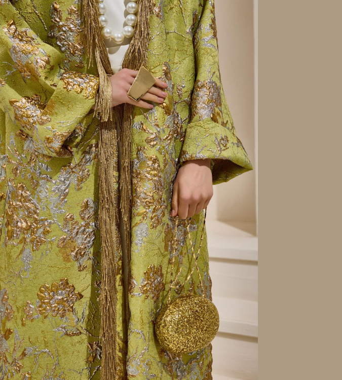 Light green Ramadan abaya with luxurious brocade design