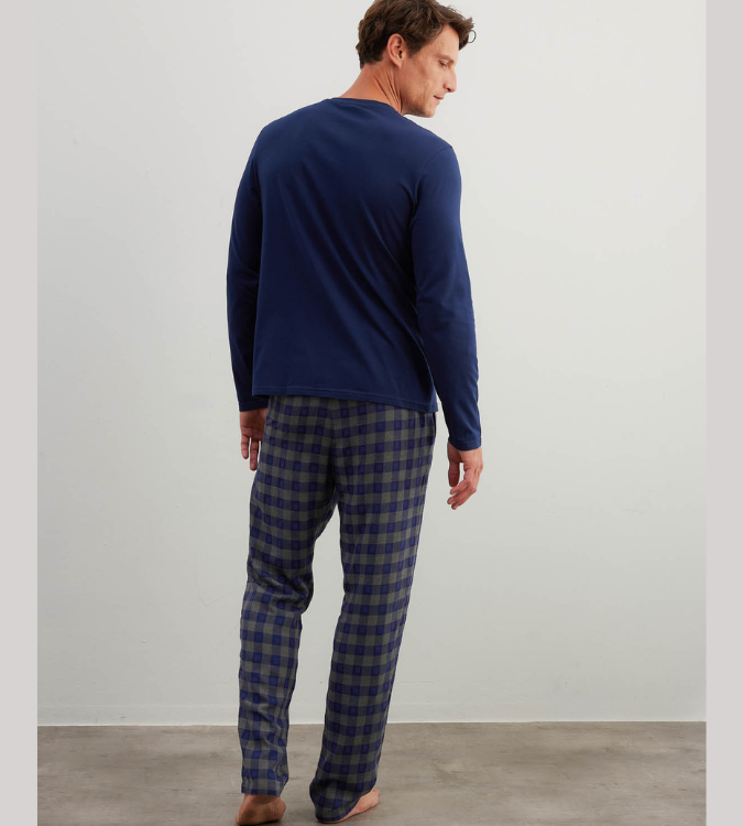 Men's Long Sleeve Cotton Pajama Set in Navy Blue with Plaid Pants