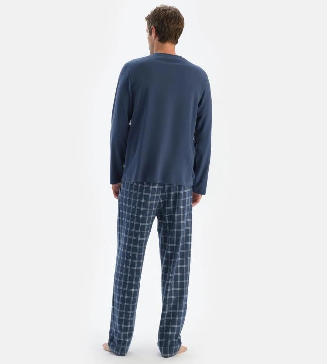 Men's Long Sleeve Pajama Set with Checked Pants in Navy Blue