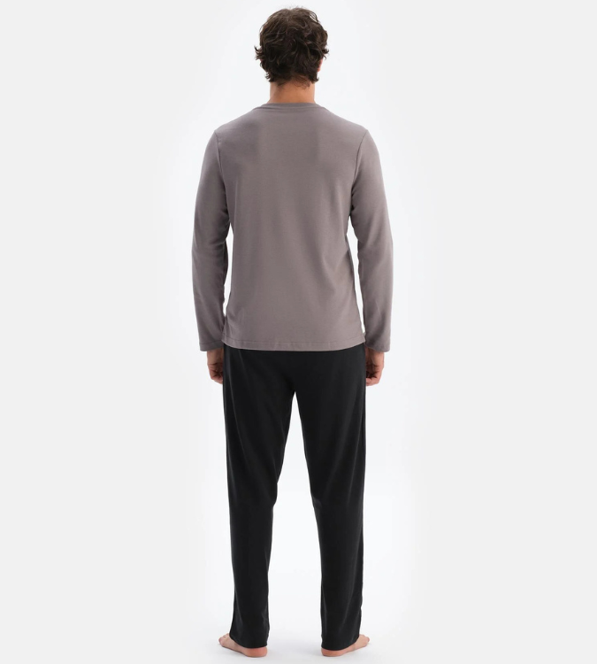 Men's Long Sleeve Silver Pajama Set with Black Pants