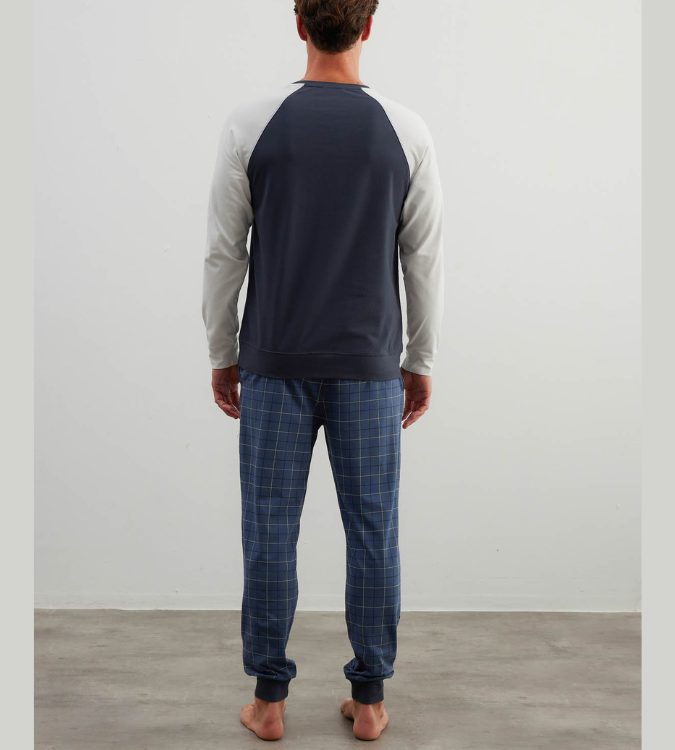 Men's Long Sleeve Raglan Pajama Set in Navy and White