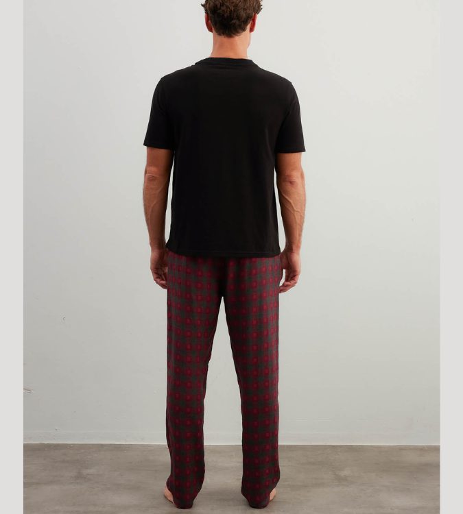 Men's Cotton Short Sleeve Pajamas with Long Pants, Black