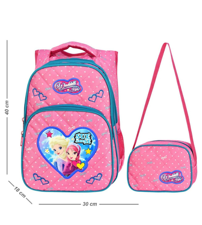 School backpack with lunch box in pink