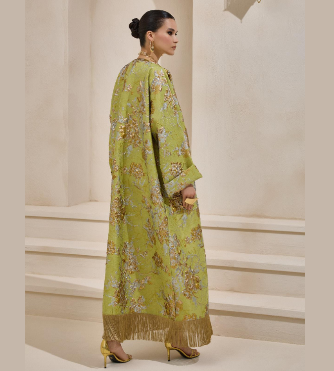 Light green Ramadan abaya with luxurious brocade design