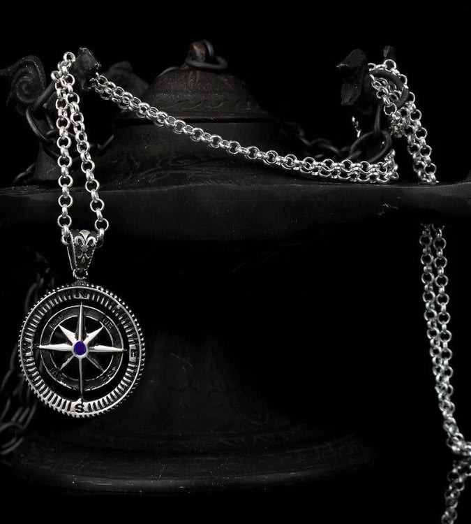 925 silver necklace for men with a compass design with zircon stone