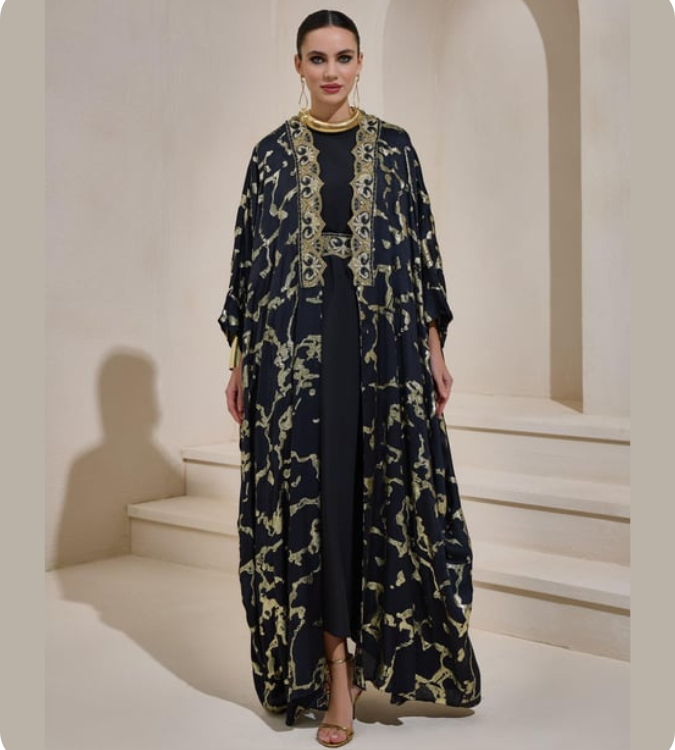 Exclusive black abaya with luxurious design and inner dress