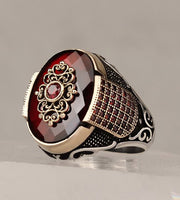 925 silver men's ring decorated with red zircon stone
