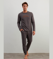 Men's Long Sleeve Cotton Pajama Set in Melange Brown
