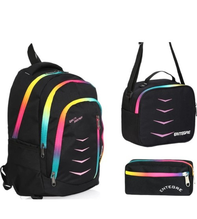 3-Piece School Bag Set in Black with Rainbow Zipper Design