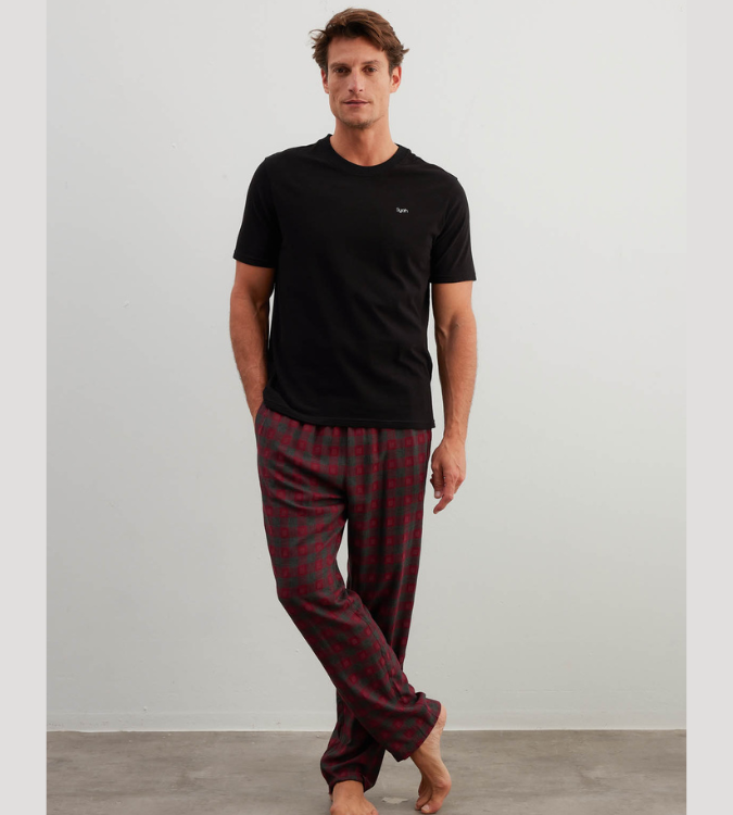 Men's Cotton Short Sleeve Pajamas with Long Pants, Black