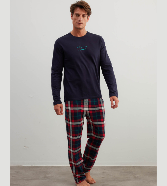 Men's Long Sleeve Cotton Pajama Set with Plaid Pants