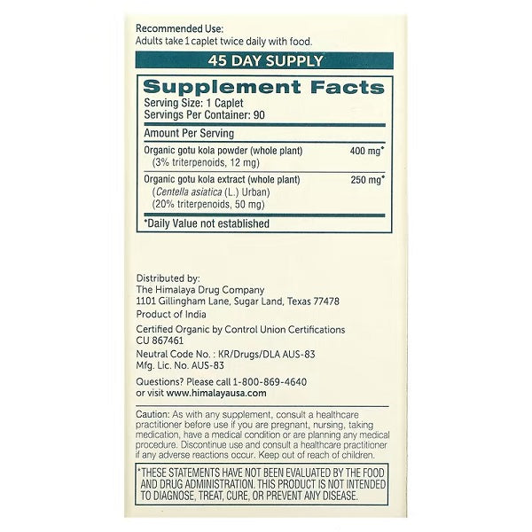 Organic Gotu Kla Herb Supplement 90 Capsules