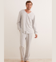 Men's Cotton Button-Down Pajama Set with Grey Stripes