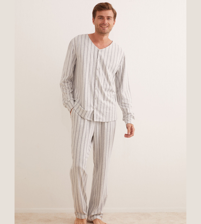Men's Cotton Button-Down Pajama Set with Grey Stripes