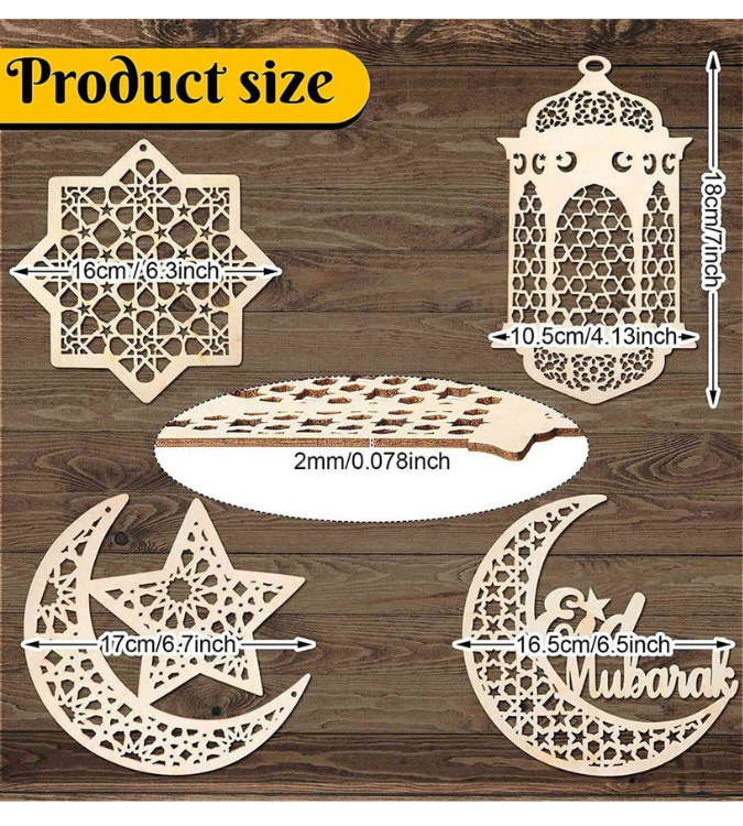 Ramadan Wooden Decoration Set - 9 Pieces with Crescent, Star and Lantern Designs