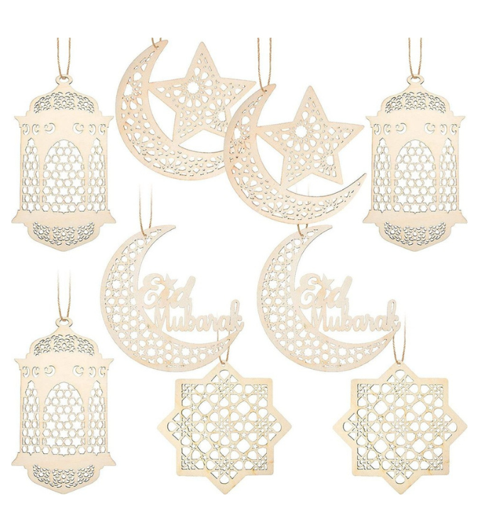 Ramadan Wooden Decoration Set - 9 Pieces with Crescent, Star and Lantern Designs