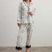 Women's Plus Size Cotton Shirt Collar Pajama Set - Ecru Embellished