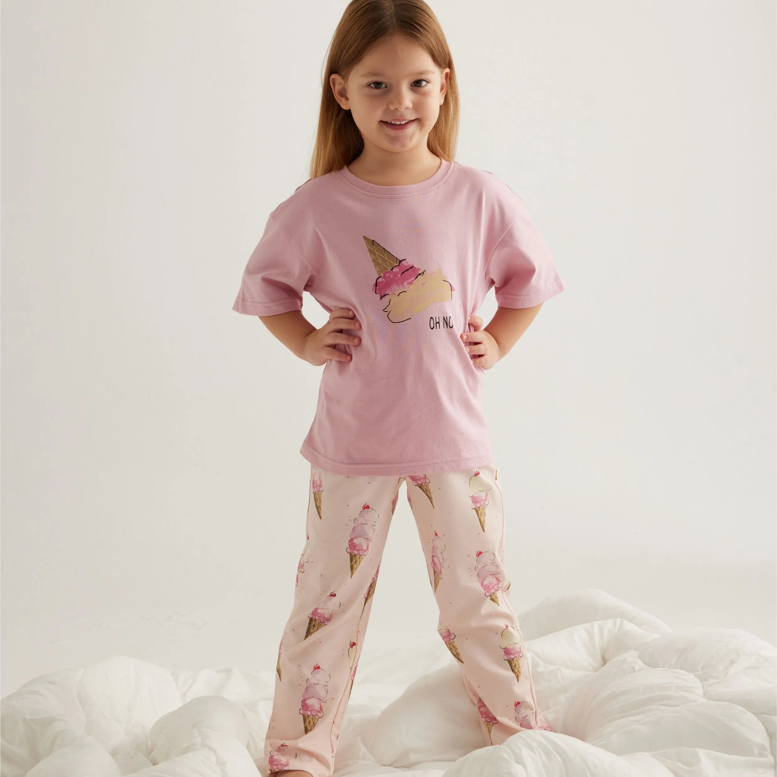 طقم بيجاما بناتي قطنية – نصف كم وبنطال طويل بطبعات