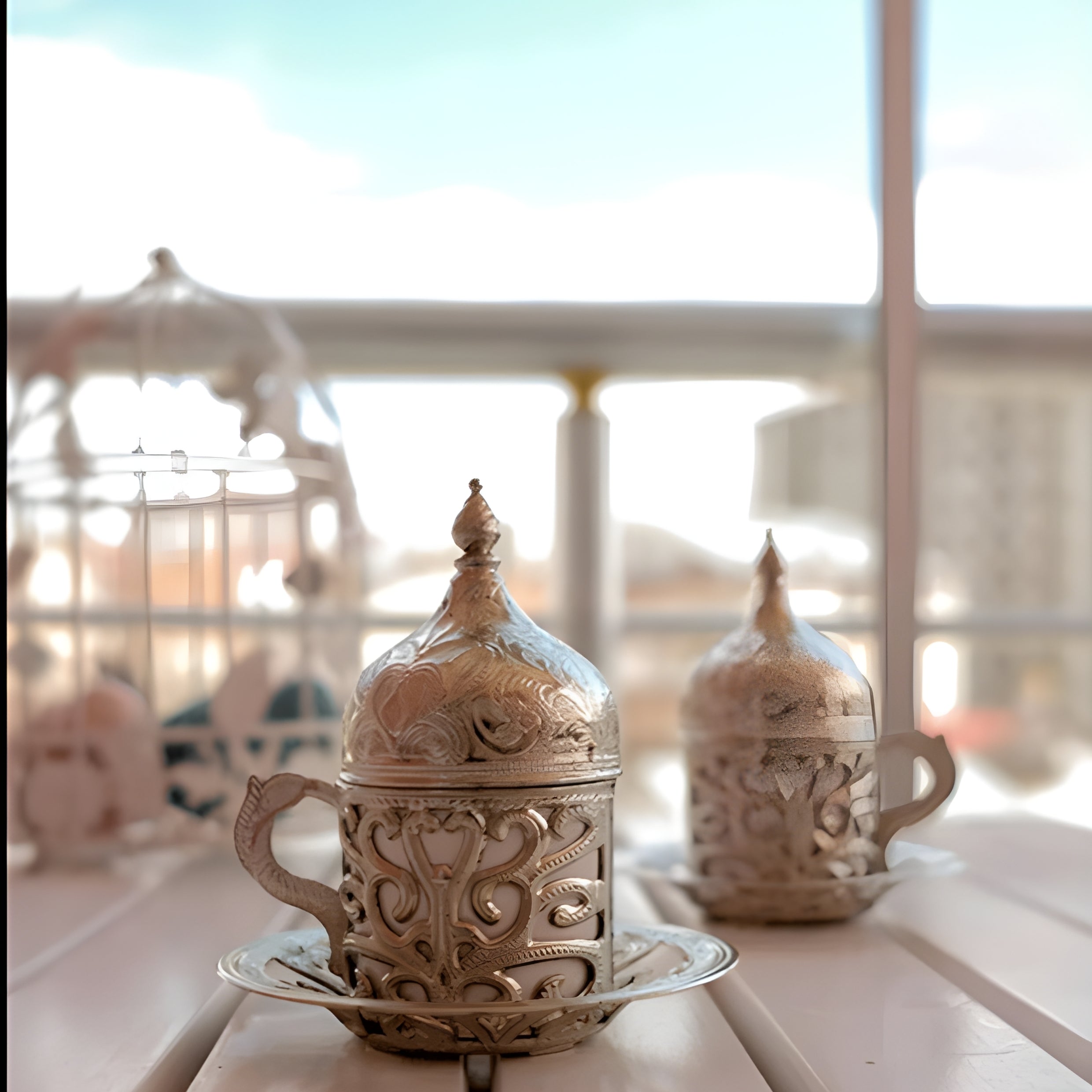 طقم من 2 فناجين قهوة تركية عثمانية، فضي Ymn Bakircilik