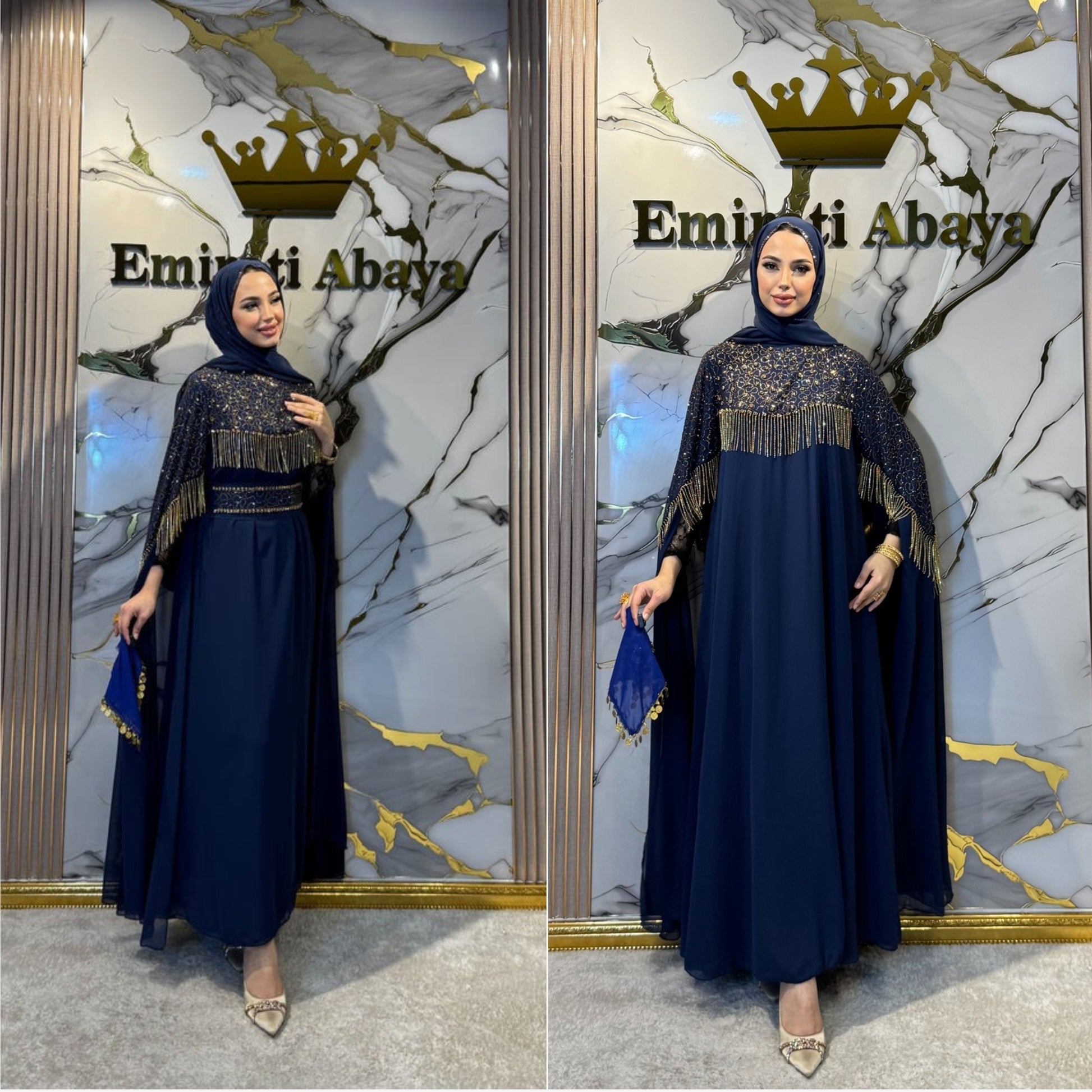 عباية شيفون مزينة بأحجار ذهبية فاخرة بأكمام طويلة emiratiabaya