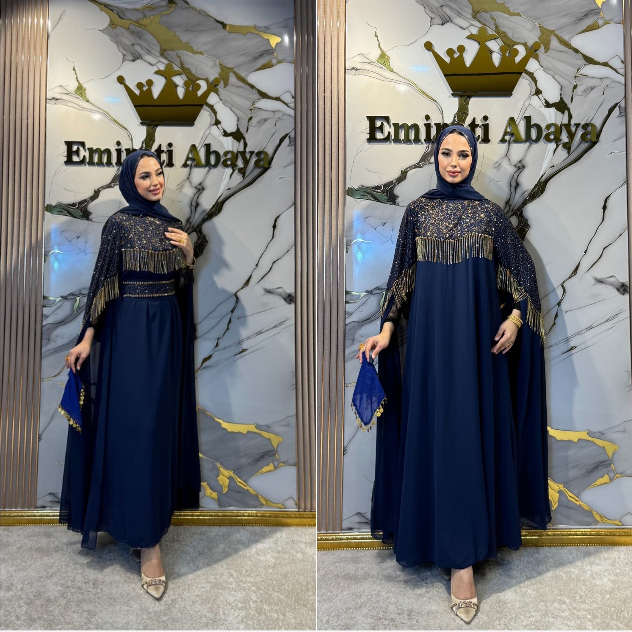 عباية شيفون مزينة بأحجار ذهبية فاخرة بأكمام طويلة emiratiabaya