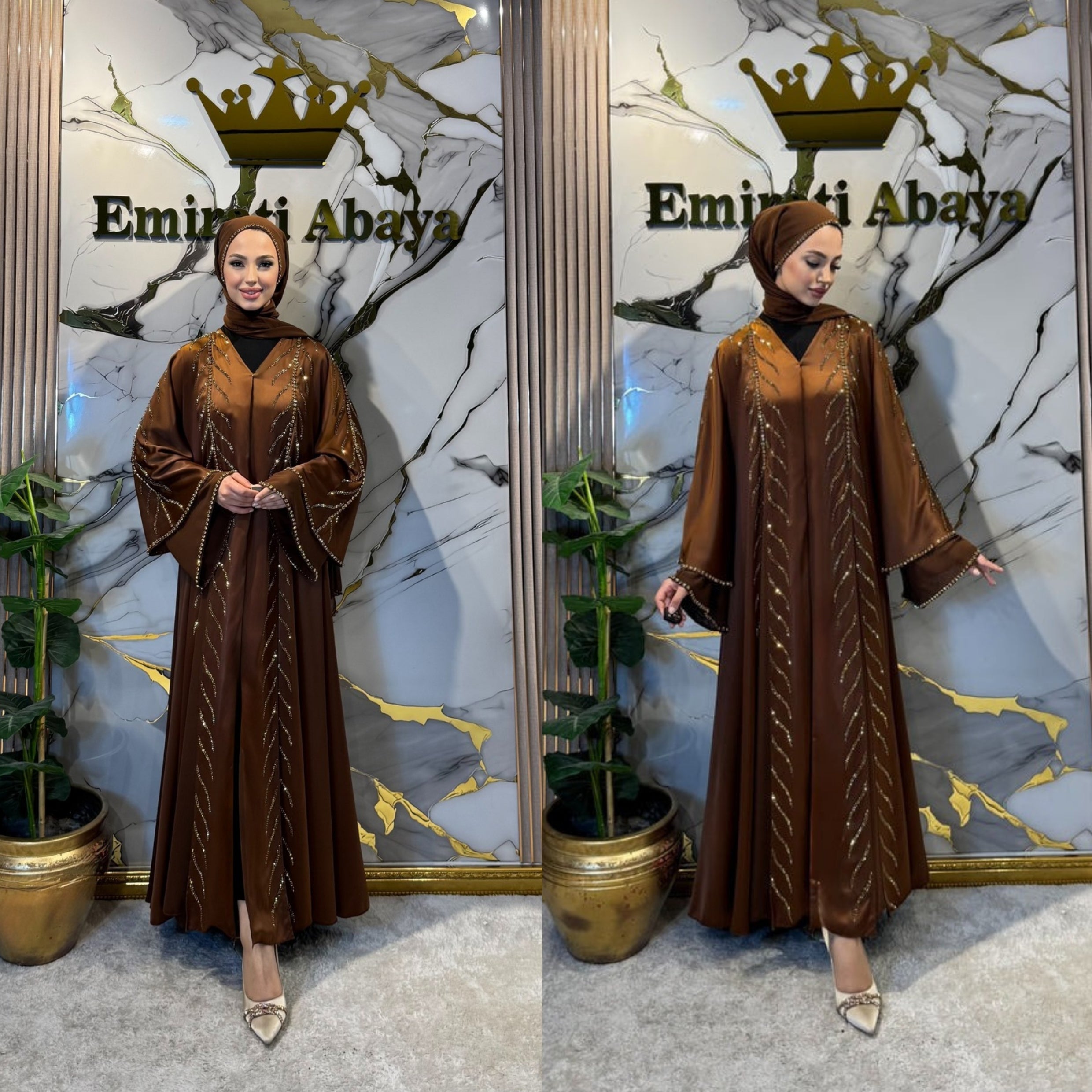 عباية ساتان وشيفون بتفاصيل ذهبية وقصّة أمامية emiratiabaya