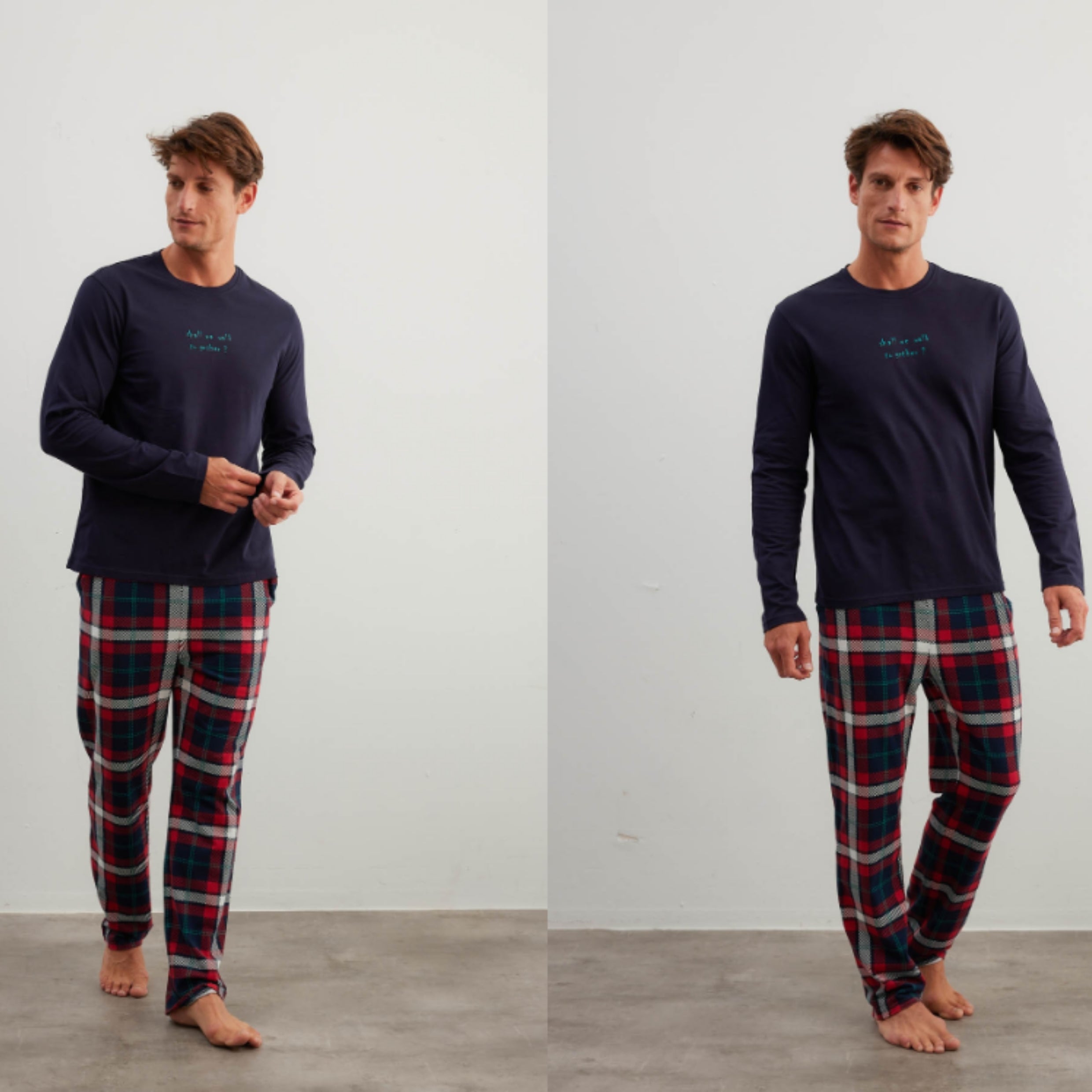 طقم بيجامة رجالي بأكمام طويلة من القطن مع بنطلون بنقشة الكاروهات haysshop