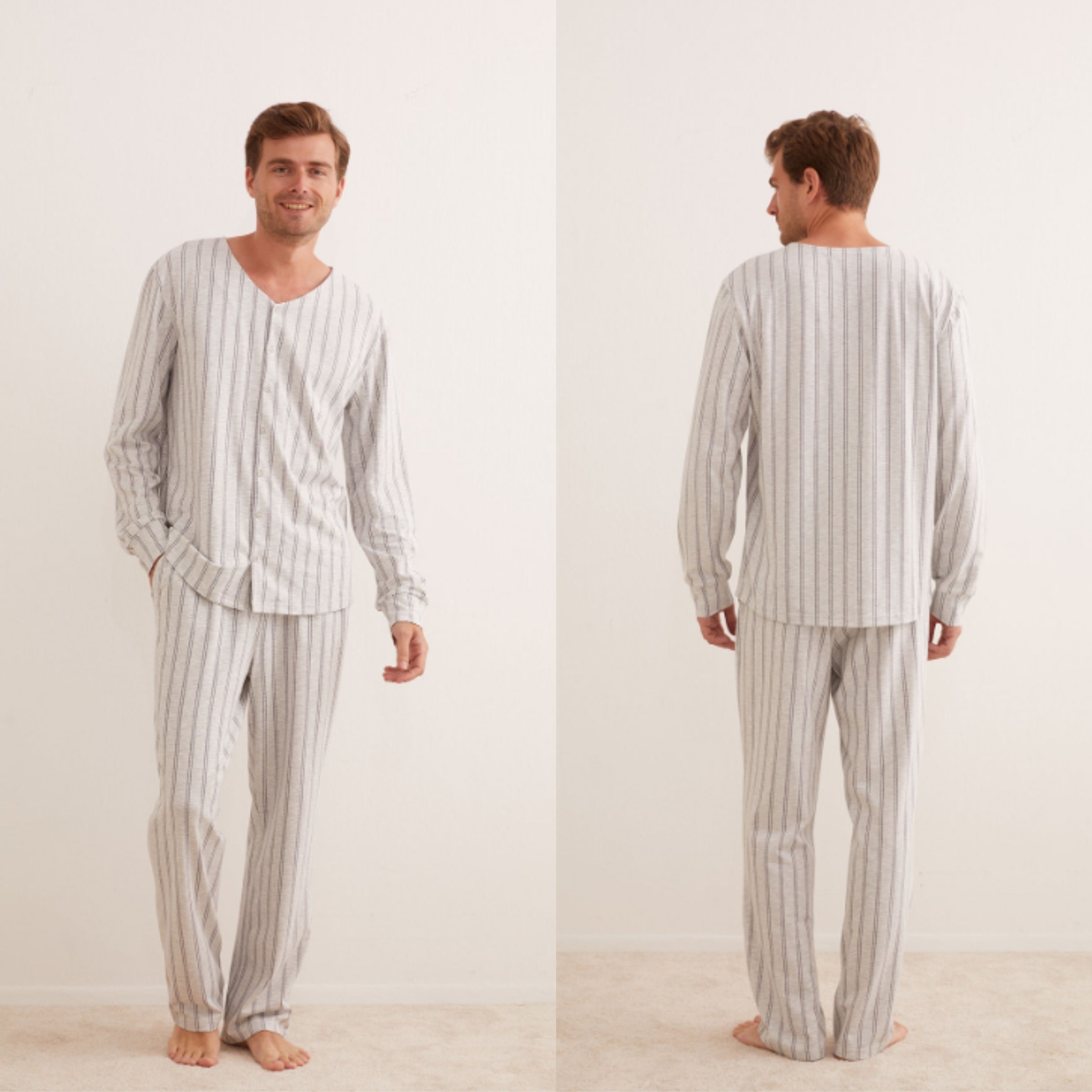 طقم بيجامة رجالي بأكمام طويلة من القطن مع بنطلون بنقشة الكاروهات haysshop