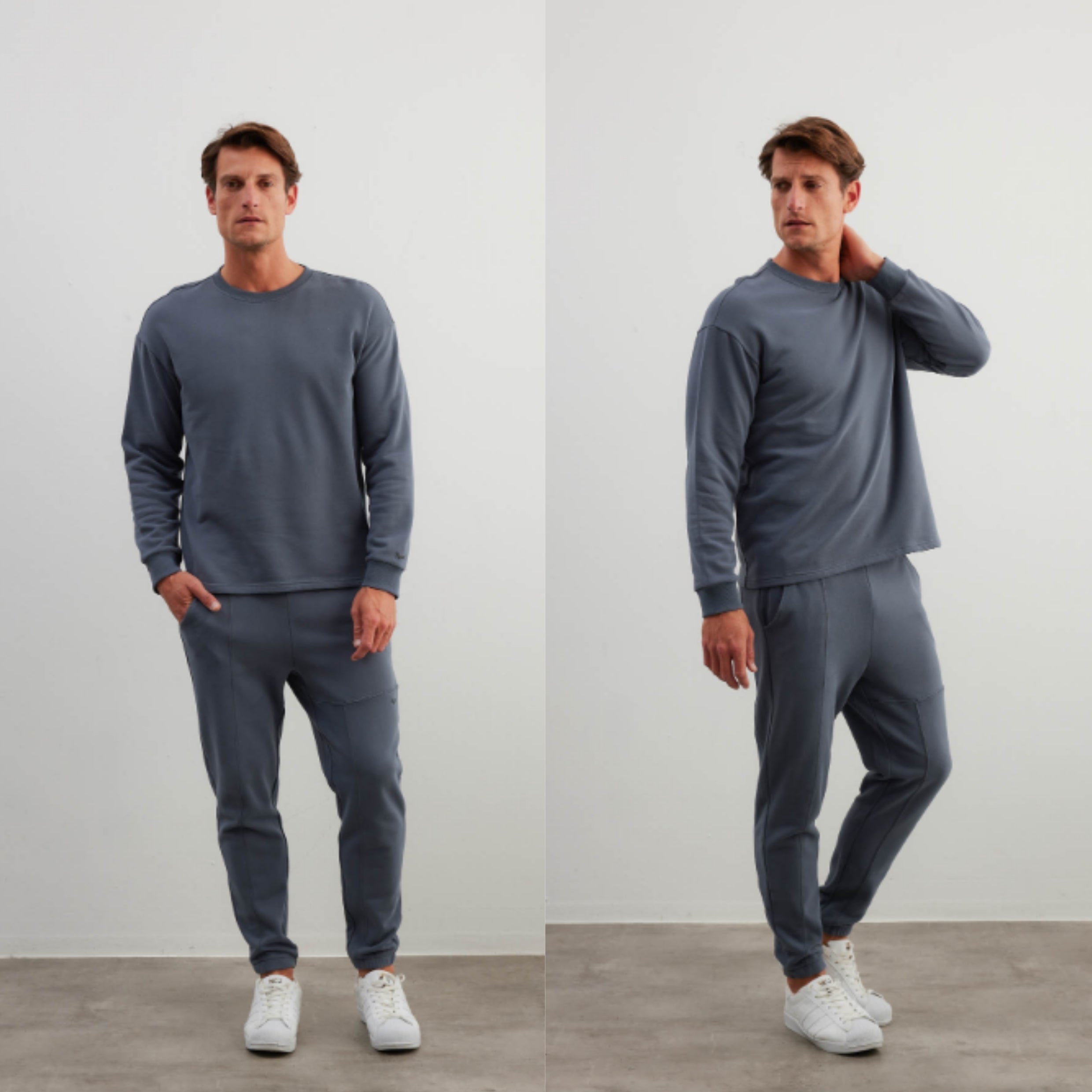 طقم رجالي من القطن طويل الأكمام مع بنطلون جيوب بلون إنديجو haysshop
