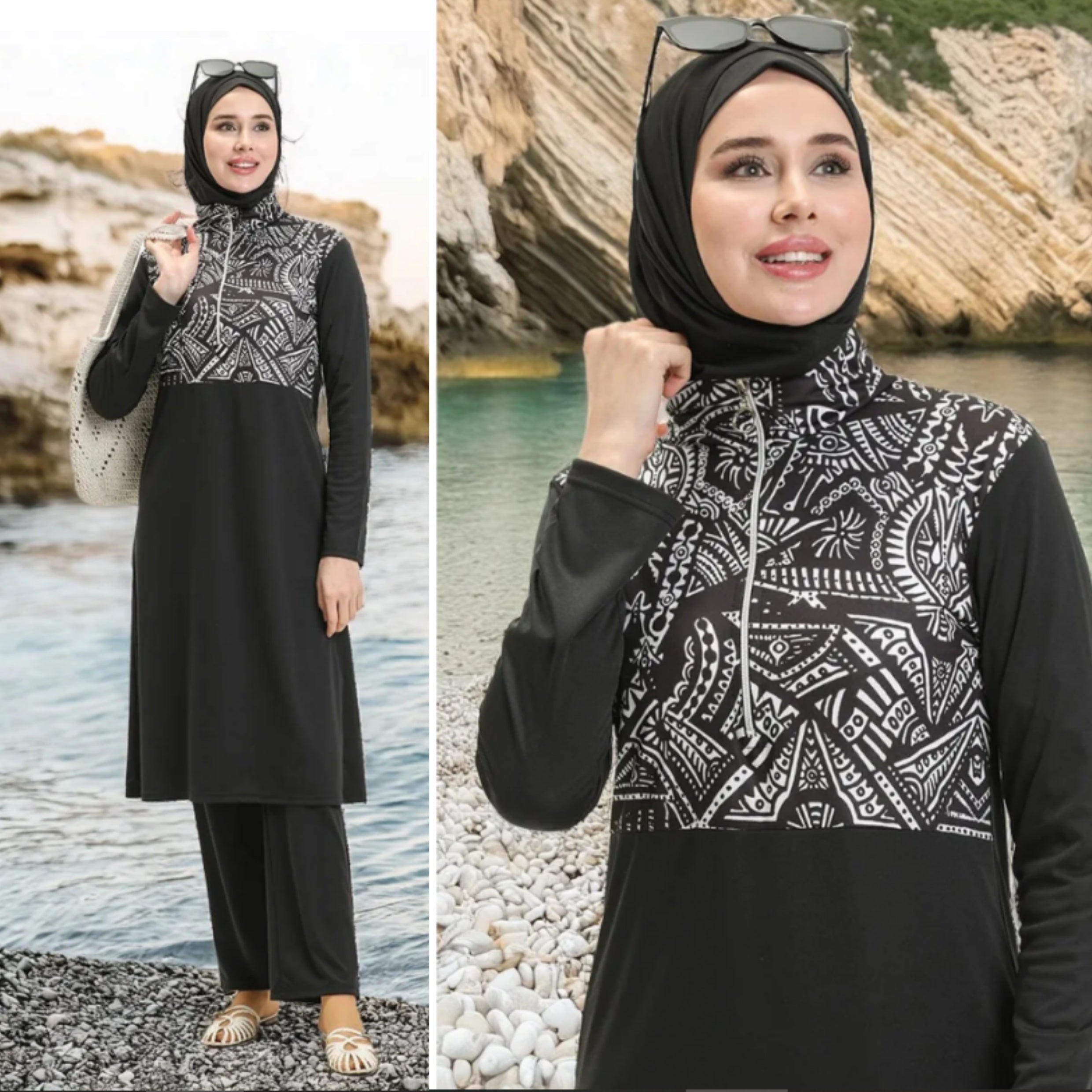 ملابس سباحة أسود و أبيض للمحجبات