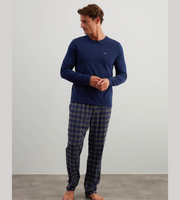 Men's Long Sleeve Cotton Pajama Set in Navy Blue with Plaid Pants