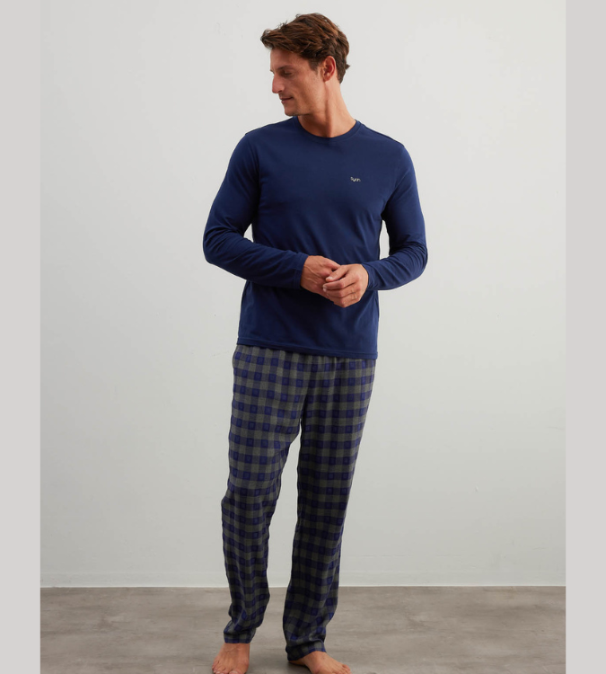 Men's Long Sleeve Cotton Pajama Set in Navy Blue with Plaid Pants