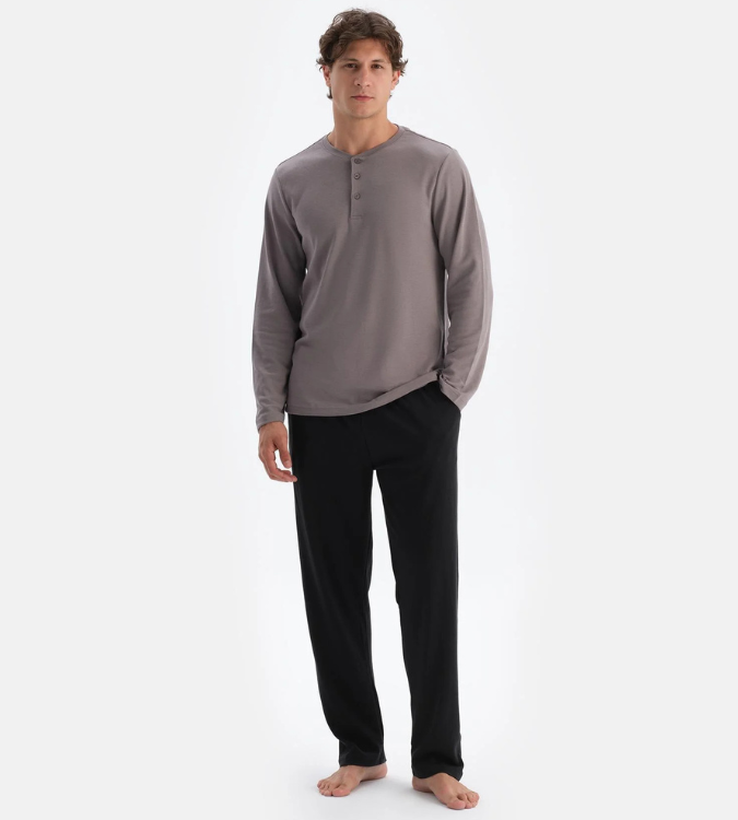 Men's Long Sleeve Silver Pajama Set with Black Pants