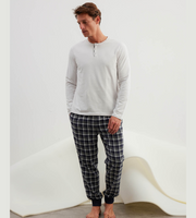 Men's Long Sleeve Cotton Pajama Set with Plaid Pants