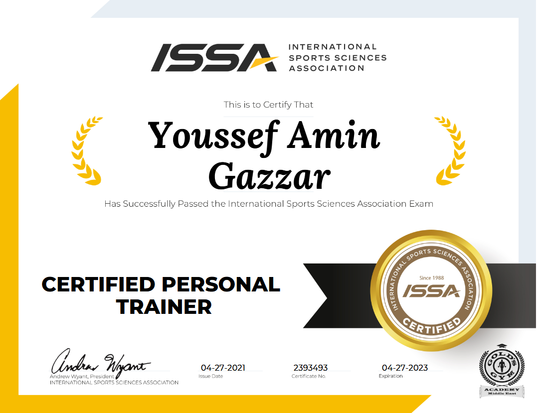 شهادة Certified Personal Trainer من International Sports Sciences Association باسم Youssef Amin Gazzar