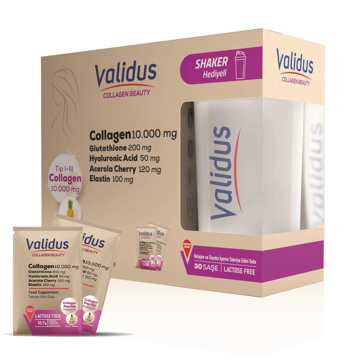 كولاجين Validus 10000 ملغ مع إيلاستين وغلوتاثيون + شاكر - 30 كيس - صورة المنتج
