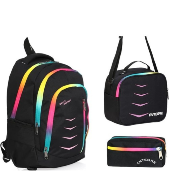 3-Piece Black School Bag Set with Rainbow Zipper Design